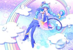 Rule 34 | 1girl, animal ear fluff, animal ears, arm up, blue footwear, blue gloves, blue hair, blue hat, blue vest, boots, braid, cat ears, cat tail, closed mouth, cure cosmo, earrings, elbow gloves, floating hair, full body, fur-trimmed gloves, fur boots, fur trim, gloves, hat, high heel boots, high heels, highres, invisible chair, jewelry, kyoutsuugengo, long hair, looking at viewer, mini hat, miniskirt, multicolored clothes, multicolored skirt, pointy ears, precure, sitting, skirt, smile, solo, star twinkle precure, tail, thigh boots, thighhighs, twin braids, twintails, very long hair, vest, yellow eyes