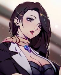 Rule 34 | 1girl, ace attorney, breasts, brown eyes, brown hair, cleavage, datcravat, earrings, highres, jacket, jewelry, large breasts, lipstick, long hair, magatama, magatama necklace, makeup, mia fey, mole, mole under mouth, necklace, parted lips, phoenix wright: ace attorney, scarf, solo, suit jacket, teeth, upper body