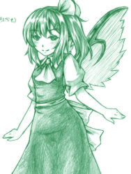 Rule 34 | 1girl, ascot, bow, daiyousei, fairy wings, green theme, hair bow, monochrome, side ponytail, sketch, solo, touhou, wings, yuran (kuen-hien)