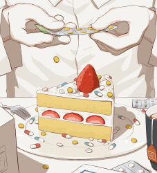 Rule 34 | 1other, absurdres, ambiguous gender, avogado6, blister pack, cake, cake slice, commentary request, dessert, drugs, food, food focus, fork, fruit, highres, holding, icing, original, pill, plate, shirt, strawberry, strawberry slice, sweets, tea, teabag