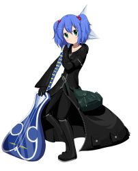 Rule 34 | 1girl, bag, black coat (kingdom hearts), blue hair, boots, cloak, cosplay, demyx, demyx (cosplay), female focus, full body, gloves, green eyes, hair bobbles, hair ornament, instrument, kawashiro nitori, kingdom hearts, orange-pengin, organization xiii, power connection, sitar, solo, touhou, transparent background, twintails, two side up