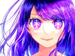 Rule 34 | 1girl, commentary request, highres, hoshino ai (oshi no ko), long hair, looking at viewer, oshi no ko, pink lips, purple eyes, purple hair, sanmou mikari, simple background, smile, solo, symbol-shaped pupils, white background
