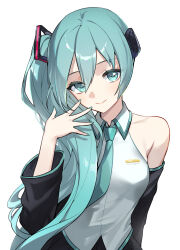 Rule 34 | 1girl, absurdres, alternate hairstyle, aqua eyes, aqua necktie, black sleeves, closed mouth, commentary, detached sleeves, grey shirt, hair between eyes, hatsune miku, highres, long hair, looking at viewer, necktie, ponytail, raku (clearpage), shirt, side ponytail, simple background, sleeveless, sleeveless shirt, smile, solo, symbol-only commentary, vocaloid, white background