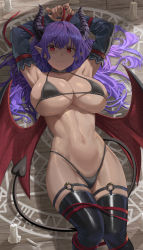 Rule 34 | 1girl, absurdres, armpits, arms up, bikini, black bikini, black nails, black thighhighs, blush, breasts, cleavage, demon girl, demon horns, demon tail, demon wings, detached sleeves, duplicate, highres, horns, large breasts, long hair, long sleeves, looking at viewer, lying, nail polish, navel, o-ring, o-ring legwear, o-ring thigh strap, on back, original, parted lips, pointy ears, purple hair, red eyes, sideboob, silvertsuki, swimsuit, tail, thigh strap, thighhighs, thighs, underboob, wings