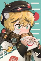 Rule 34 | 1boy, 2022, animal ears, bandaid, bandaid on cheek, bandaid on face, bandaid on hand, blonde hair, blue eyes, blush, cabbie hat, chinese zodiac, coat, eating, facial mark, fang, food, food in mouth, gakuran, hat, hat pin, highres, holding, holding food, layered sleeves, long sleeves, looking at food, male focus, mino (kirarayakubou), multicolored hair, original, patch, pierced hat, plaid, plaid scarf, scarf, school uniform, skin fang, sleeves past wrists, solo, streaked hair, taiyaki, tiger boy, tiger ears, undersized animal, v-shaped eyebrows, wagashi, whisker markings, year of the tiger
