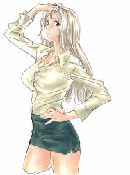 Rule 34 | 1girl, bad id, bad pixiv id, blonde hair, breasts, cleavage, dodai shouji, green eyes, hand on own hip, hip focus, large breasts, light smile, long hair, miniskirt, original, shirt, simple background, sketch, skirt, solo, taut clothes, taut shirt