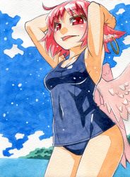 Rule 34 | 1girl, ahoge, animal ears, armpits, arms up, breasts, earrings, jewelry, kawachi koorogi, marker (medium), mystia lorelei, one-piece swimsuit, red eyes, red hair, short hair, single earring, small breasts, smile, solo, swimsuit, tongue, touhou, traditional media, wings