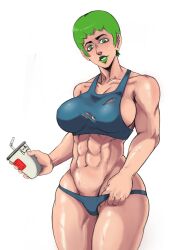 Rule 34 | 1girl, abs, biceps, breasts, cup, curvy, dorkbum, foo fighters (jojo), green eyes, green hair, green lips, highres, holding, holding cup, jojo no kimyou na bouken, large breasts, lipstick, looking at viewer, makeup, muscular, muscular female, short hair, simple background, solo, sports bra, stone ocean, sweat, sweatdrop, thick thighs, thighs, thong, toned, toned female, torn clothes, white background