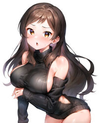 Rule 34 | 1girl, bare shoulders, black sweater, blush, breasts, brown eyes, brown hair, commentary request, detached sleeves, dress, halterneck, highres, idolmaster, idolmaster million live!, kitazawa shiho, large breasts, leaning forward, long hair, looking at viewer, meme attire, naked sweater, open mouth, parted bangs, qianlou (qianlou12374), ribbed sweater, sideboob, simple background, sleeveless, sleeveless sweater, sleeveless turtleneck, sleeves past wrists, solo, sweat, sweater, sweater dress, turtleneck, turtleneck sweater, virgin killer sweater, white background