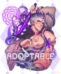 Rule 34 | 1boy, abs, arkapami, bara, bare pectorals, beard, between pectorals, chest hair, commentary, cropped legs, demon horns, earrings, english commentary, facial hair, facial mark, fingernails, fish boy, glowing, goatee, gradient hair, grey hair, groin, hair slicked back, highres, holding, holding sword, holding weapon, horns, jewelry, large areolae, large pectorals, lip piercing, looking at viewer, male focus, mature male, multicolored hair, muscular, muscular male, nail polish, navel, nipple piercing, nipples, original, pectorals, piercing, puffy chest, purple eyes, purple nails, ring, scales, sharp fingernails, short hair, sideburns, slime (substance), smirk, solo, stomach, stubble, sword, tentacles, tentacles on male, thick eyebrows, weapon