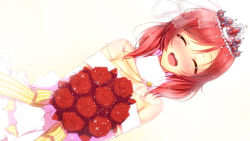 Rule 34 | 10s, 1girl, :d, ^ ^, bouquet, closed eyes, detached collar, dress, dutch angle, flower, fur collar, holding, holding flower, love live!, love live! school idol festival, love live! school idol project, nishikino maki, off-shoulder dress, off shoulder, open mouth, red hair, ribbon, rose, simple background, smile, solo, sparkle, tiara, veil, wedding dress, white background, yu-ta