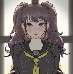 Rule 34 | 1girl, black sailor collar, brown eyes, brown hair, commentary request, earrings, finger to mouth, hand up, highres, jewelry, kujikawa rise, light, lipstick, long hair, long sleeves, looking at viewer, makeup, neckerchief, persona, persona 4, poechan chan, portrait, revision, sailor collar, school uniform, serafuku, shaded face, simple background, smile, solo, sunlight, twintails, window, yasogami school uniform, yellow neckerchief