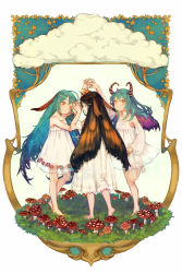 Rule 34 | 3girls, antennae, aqua hair, arm at side, arm up, arthropod girl, back, barefoot, black hair, blue hair, border, brightwing, brown hair, closed eyes, closed mouth, cloud, colored eyelashes, crown, detached sleeves, dress, flat chest, floral print, full body, grass, hair between eyes, hair wings, hand up, head tilt, heroes of the storm, highres, holding hands, horns, insect girl, interlocked fingers, long hair, long sleeves, looking at another, monster girl, moth girl, multicolored hair, multiple girls, mushroom, nail polish, orange eyes, orange hair, orange nails, poison mushroom, puffy sleeves, see-through, short dress, short sleeves, sleeveless, sleeveless dress, smile, soles, sparkle, standing, standing on one leg, star (symbol), striped, sundress, two-tone hair, very long hair, wakatsuki (etoiles), white background, white dress, wings