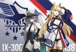 Rule 34 | 2girls, adapted costume, american flag dress, azur lane, black gloves, black necktie, black panties, black thighhighs, blonde hair, blue eyes, breasts, character name, cleavage, commentary, eagle union (emblem), english commentary, eyepatch, gloves, grey hair, highres, historical event, jingojuice, large breasts, laurel crown, midriff, mole, mole on breast, multiple girls, navel, necktie, panties, prinz eugen (azur lane), red eyes, sideboob, thighhighs, underwear, victorious (azur lane)