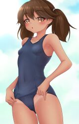 Rule 34 | 1girl, absurdres, blue one-piece swimsuit, breasts, brown eyes, brown hair, clothes pull, covered navel, cowboy shot, highres, kantai collection, long hair, looking at viewer, makura (y makura), one-piece swimsuit, one-piece swimsuit pull, one-piece tan, ryuujou (kancolle), school swimsuit, shadow, simple background, small breasts, solo, standing, swimsuit, tan, tanline, white background
