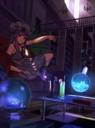 Rule 34 | 1girl, adapted costume, book, bookshelf, chandelier, checkered floor, couch, crescent, crystal, drink, drinking straw, female focus, flask, floating, floating object, floor, food, fruit, glass, glowing, hat, hidebo, lamp, lemon, library, long hair, looking down, lying, magic, on side, patchouli knowledge, purple eyes, purple hair, room, round-bottom flask, science, shade, solo, stairs, telekinesis, touhou, voile, window