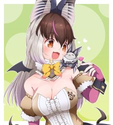 Rule 34 | 1girl, animal, animal costume, animal ears, bare shoulders, bat (animal), bat ears, bat girl, bat wings, bow, bowtie, breasts, brown eyes, brown hair, brown long-eared bat (kemono friends), drias, elbow gloves, extra ears, fingerless gloves, gloves, grey hair, highres, kemono friends, kemono friends v project, large breasts, leotard, long hair, multicolored hair, open mouth, scarf, simple background, skirt, virtual youtuber, wings