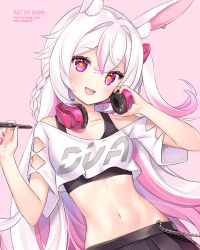 Rule 34 | 1girl, :d, animal ear fluff, animal ears, black shirt, black skirt, braid, breasts, rabbit ears, clothing cutout, colored inner hair, crop top, crop top overhang, headphones, headphones around neck, holding, long hair, looking at viewer, midriff, multicolored hair, nami (nyaa), navel, off shoulder, open mouth, original, pink eyes, pleated skirt, shirt, short sleeves, shoulder cutout, skirt, small breasts, smile, solo, star-shaped pupils, star (symbol), stomach, stylus, symbol-shaped pupils, undershirt, upper body, white hair, white shirt
