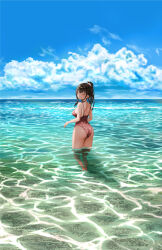 Rule 34 | 1girl, ^ ^, absurdres, ass, bare arms, bare shoulders, black hair, blue sky, breasts, closed eyes, cloud, cloudy sky, day, facing viewer, from behind, gibun (sozoshu), grin, highres, horizon, light blush, medium breasts, ocean, one-piece swimsuit, original, outdoors, pink one-piece swimsuit, pink scrunchie, ponytail, print swimsuit, scenery, scrunchie, shoulder blades, sky, smile, solo, summer, swimsuit, turning head, wet, wet hair