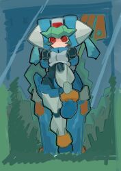 Rule 34 | 1girl, absurdres, armor, blurry, blurry background, duelmito3, forehead jewel, full body, green hair, highres, looking at viewer, mega man (series), mega man zx, model w (mega man), no nose, pandora (mega man), power armor, red eyes, solo, white armor, white footwear