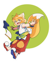 Rule 34 | 1girl, animal ears, circle, dated, fang, fox ears, fox girl, fox tail, full body, highres, medium hair, open mouth, orange hair, outstretched arms, pants, red footwear, red pants, ruoshui (the legend of luoxiaohei), shirt, shoes, sleeveless, sleeveless shirt, smile, solo, tail, luo xiaohei zhanji, twitter username, vox
