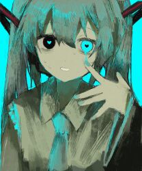 Rule 34 | 000o0o0000, 1girl, absurdres, black eyes, blue background, blue eyes, blue hair, collared shirt, hatsune miku, heart, heart-shaped pupils, highres, long hair, long sleeves, nail polish, necktie, shirt, smile, solo, sweat, symbol-shaped pupils, upper body, vocaloid
