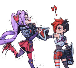 Rule 34 | 2girls, ?, ass, asymmetrical legwear, bare shoulders, black hair, black shorts, black thighhighs, breasts, broken heart, crop top, from side, gauntlets, grey shirt, hair ornament, hairband, heart, heart hair ornament, heartache vi, heartseeker jinx, jinx (league of legends), kneehighs, league of legends, long hair, long sleeves, medium breasts, mismatched legwear, multiple girls, official alternate costume, open mouth, parted hair, phantom ix row, pink hair, red eyes, red hair, red shorts, red skirt, red thighhighs, shiny skin, shirt, shorts, siblings, simple background, sisters, skirt, socks, spiked hairband, spikes, strangling, thighhighs, trembling, very long hair, vi (league of legends), white background, white thighhighs