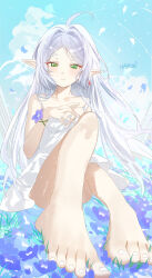 Rule 34 | 1girl, bare shoulders, barefoot, dress, feet, frieren, green eyes, haruri, highres, long hair, looking at viewer, pointy ears, smile, solo, sousou no frieren, toes, white dress, white hair