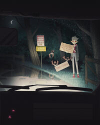Rule 34 | bat (animal), car interior, commentary, crescent moon, english commentary, english text, fangs, forest, grass, highres, horror (theme), looking at viewer, moon, nature, night, night sky, original, pale skin, pointy ears, pov, red eyes, road, road sign, scenery, short hair, sign, sky, solo, star (sky), teo skaffa, toon (style), tree, vampire