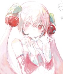 Rule 34 | 1girl, alternate color, blush, breast pocket, cherry blossoms, cherry hair ornament, closed mouth, collared shirt, cropped, detached sleeves, flower, food-themed hair ornament, hair between eyes, hair ornament, hatsune miku, highres, holding, holding flower, irodori warabi, long hair, looking at viewer, microphone, necktie, official alternate costume, pink eyes, pink hair, pink sleeves, pocket, sakura miku, shirt, simple background, sketch, sleeveless, sleeveless shirt, solo, twintails, unfinished, upper body, vocaloid, white background, white shirt