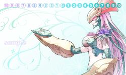 Rule 34 | 1girl, breasts, ceresmon, ceresmon medium, commentary request, covered eyes, digimon, digimon (creature), digimon card game, flower, from side, highres, large breasts, lips, long hair, nagoshi, outstretched arm, pink hair, purple flower, purple rose, revealing clothes, rose, sample watermark, solo, thorns, underboob, very long hair, watermark