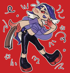 Rule 34 | absurdres, black pants, blue hair, boots, breasts, chest sarashi, commentary, folding fan, hair over one eye, hand fan, highres, holding, holding fan, midriff, navel, nintendo, octoling, open mouth, pants, pcktknife, platform boots, platform footwear, red background, red eyes, sarashi, see-through, shiver (splatoon), small breasts, smile, splatoon (series), splatoon 3, star (symbol), tentacle hair