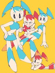 Rule 34 | 1girl, aqua hair, blue hair, blush, colored skin, crop top, flame print, full body, hand on own hip, highres, inkerton-kun, jenny wakeman, joints, looking at viewer, lying, midriff, my life as a teenage robot, navel, on stomach, open mouth, red hair, robot, robot joints, short twintails, simple background, skirt, smile, twintails, white skin, yellow background