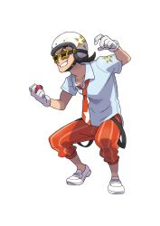 Rule 34 | 1boy, :d, absurdres, artist request, brown hair, collar, collared shirt, creatures (company), game freak, gloves, goggles, helmet, highres, holding, holding poke ball, medium hair, motorcycle helmet, necktie, nintendo, official art, open mouth, orange necktie, orange pants, pants, pants rolled up, poke ball, pokemon, pokemon sv, shirt, simple background, smile, solo, squatting, star-shaped eyewear, star (symbol), suspenders, suspenders hanging, team star, team star grunt, transparent background, white collar, white footwear, white gloves, white shirt
