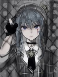 Rule 34 | 1girl, bad id, bad pixiv id, black choker, black necktie, blue hair, blurry, blurry background, blurry foreground, chain-link fence, choker, collared shirt, depth of field, fence, grey hat, grey jacket, hand up, hat, highres, hololive, hoshimachi suisei, hoshimachi suisei (1st costume), jacket, looking at viewer, muted color, nanashi (nlo), necktie, parted lips, purple eyes, shirt, solo, star (symbol), star in eye, symbol in eye, upper body, virtual youtuber, wing collar