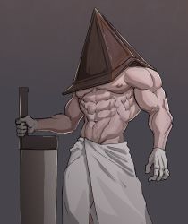 Rule 34 | 1boy, abs, absurdres, bad id, bad pixiv id, bara, dead by daylight, feet out of frame, helmet, highres, large pectorals, loincloth, male focus, muscular, muscular male, naked towel, navel, navel hair, nipples, pectorals, planted, pyramid head, sedo (usingincognito), silent hill (series), silent hill 2, solo, stomach, topless male, towel, underpec, weapon