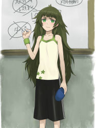 Rule 34 | 1girl, bare shoulders, blunt bangs, blush, breasts, camisole, collarbone, cowboy shot, female focus, green eyes, green hair, highres, hiyajou maho, long hair, looking at viewer, marker, menomorute, messy hair, shorts, sleeveless, slippers, unworn slippers, small breasts, solo, standing, steins;gate, steins;gate 0, thick eyebrows, wavy mouth, whiteboard, wristband