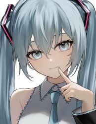 Rule 34 | 1girl, bare shoulders, black sleeves, blue eyes, blue hair, blue nails, blue necktie, blush, closed mouth, collared shirt, detached sleeves, dot nose, finger to mouth, frilled shirt, frills, hair between eyes, hair ornament, hatsune miku, head tilt, highres, index finger raised, long hair, long sleeves, nail polish, necktie, portrait, shikito (shito 0905), shirt, sidelocks, simple background, sleeveless, sleeveless shirt, smile, solo, twintails, vocaloid, white background, white shirt