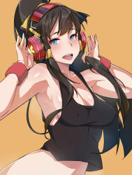 Rule 34 | 1girl, :d, armpits, bad id, bad pixiv id, black hair, blush, breasts, cleavage, covered erect nipples, headphones, kurowa, looking at viewer, nephthys (p&amp;d), open mouth, orange background, ponytail, puzzle &amp; dragons, sideboob, sidelocks, simple background, smile, solo, teeth, wristband