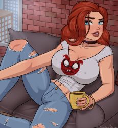 Rule 34 | 1girl, abs, absurdres, blue eyes, breasts, choker, coffee mug, cup, denim, female focus, highres, jeans, large breasts, lipstick, looking at viewer, makeup, marvel, mary jane watson, mug, pants, red hair, shadowboxer, shirt, solo, spider-man (series), spread legs, white shirt