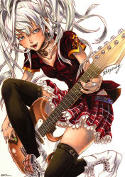 Rule 34 | 1girl, artist name, black thighhighs, boots, bracelet, buckle, cross-laced footwear, ear piercing, earrings, grey eyes, guitar, heart, heart earrings, instrument, jewelry, lace-up boots, mole, mole under mouth, nabeya sakihana, nail polish, original, piercing, plaid, plaid skirt, ring, simple background, skirt, solo, thighhighs, traditional media, white background, white footwear, white hair