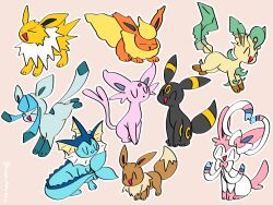 &gt;_&lt; :d animal_focus animal_hands bad_tag black_fur blue_fur bow brown_fur closed_eyes creatures_(company) eevee espeon facial_mark fang fins fish_tail flareon forehead_jewel forehead_mark full_body game_freak gen_1_pokemon gen_2_pokemon gen_4_pokemon gen_6_pokemon glaceon gotcha! green_fur head_fins highres jolteon leaf leafeon looking_at_viewer neck_fur nintendo no_humans nose_poke000 open_mouth orange_background orange_fur pink_fur pokemon pokemon_(creature) purple_fur sidelocks simple_background sitting smile spiked_tail standing sylveon tail u_u umbreon vaporeon white_fur yellow_fur