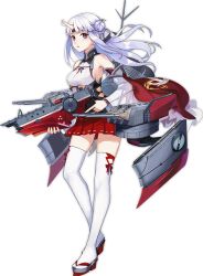 Rule 34 | 1girl, azur lane, bare shoulders, breasts, detached sleeves, eyebrows, full body, geta, grey footwear, hair bun, holding, horns, index finger raised, long hair, long sleeves, machinery, medium breasts, mikuma (azur lane), miniskirt, mole, no bra, official art, open mouth, pink eyes, pleated skirt, realmbw, red ribbon, red skirt, ribbon, sideboob, single hair bun, single horn, skirt, solo, tachi-e, thighhighs, transparent background, turret, white hair, white thighhighs, wide sleeves, zettai ryouiki