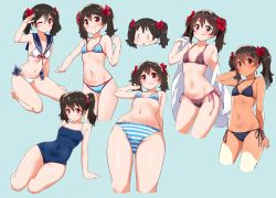 Rule 34 | 0 0, 1girl, :q, arm behind back, arm support, arm up, bare arms, bare shoulders, barefoot, bikini, black bikini, black hair, blue background, blue bikini, blue bow, blue one-piece swimsuit, blue sailor collar, blush, bow, breasts, chibi, closed mouth, collarbone, commentary, competition school swimsuit, contrapposto, covered navel, cowboy shot, cropped legs, frilled bikini, frilled bikini top, frills, from below, groin, hair between eyes, hair bow, hand in own hair, hand up, head tilt, holding, holding towel, kurokawa makoto, looking at viewer, love live!, love live! school idol project, medium hair, multiple views, navel, new school swimsuit, one-piece swimsuit, one eye closed, open mouth, outstretched arm, plaid, plaid bikini, reclining, red bow, red eyes, red ribbon, ribbon, sailor bikini, sailor collar, school swimsuit, shade, shiny skin, side-tie bikini bottom, simple background, small breasts, smile, spaghetti strap, standing, stomach, string bikini, striped bikini, striped clothes, swimsuit, thighs, tongue, tongue out, towel, twintails, white bikini, white towel, yazawa nico