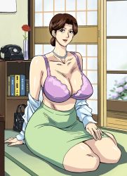 Rule 34 | 00s, 1girl, bare shoulders, blush, book, bra, breasts, brown eyes, brown hair, cirima, cleavage, curvy, female focus, flower, full body, hair bun, hikaru no go, hip focus, indoors, jewelry, large breasts, legs, lingerie, lips, lipstick, makeup, mature female, necklace, open clothes, open mouth, open shirt, phone, plant, red flower, red rose, ring, rose, shindou mitsuko, shirt, shueisha, single hair bun, sitting, skirt, smile, solo, thick thighs, thighs, underwear, vase, volvox, wedding ring