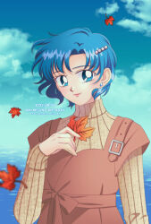 Rule 34 | 1girl, artist name, autumn leaves, bishoujo senshi sailor moon, blue eyes, blue hair, brown dress, brown sweater, cloud, cloudy sky, dated, dress, earrings, highres, holding, holding leaf, jewelry, koya, leaf, light smile, looking at viewer, mizuno ami, outdoors, sky, solo, sweater, turtleneck, turtleneck sweater, upper body, water