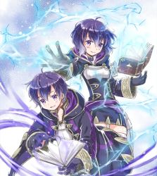 Rule 34 | 1boy, 1girl, blue eyes, blue hair, book, cloak, fire emblem, fire emblem awakening, fire emblem heroes, gloves, holding, holding book, lightning, looking at viewer, magic, morgan (female) (fire emblem), morgan (fire emblem), morgan (male) (fire emblem), nintendo, siblings, smile, twins