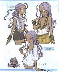 Rule 34 | 10s, 1girl, :p, ahoge, alternate costume, bare shoulders, bindi, bracelet, breasts, chibi, collarbone, collared shirt, cowboy shot, dark skin, closed eyes, facial mark, fate/extra, fate (series), forehead mark, glasses, highres, jewelry, light purple hair, long hair, multiple views, necklace, off shoulder, official art, petite, purple hair, rani viii, school uniform, serafuku, shirt, shorts, simple background, small breasts, smile, tongue, tongue out, translation request, type-moon, uniform, v-neck, wada arco, wavy hair, white background