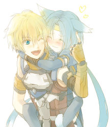 Rule 34 | 1boy, 1girl, animal ears, armband, armor, blonde hair, blue eyes, blue hair, blush, breastplate, carrying, cat ears, cat tail, colored eyelashes, commentary request, edge maverick, fingerless gloves, gauntlets, gloves, happy, headband, heart, hug, itsuki (s2 129), long hair, low twintails, meracle chamlotte, one eye closed, open mouth, piggyback, simple background, single gauntlet, size difference, sleeveless, star ocean, star ocean the last hope, tail, twintails, very long hair, white background