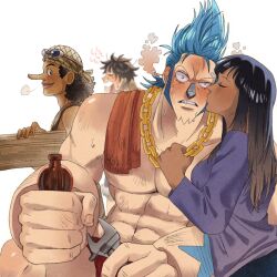 Rule 34 | 1girl, 3boys, abs, amai ring0, bandana, black hair, blue hair, blunt bangs, blush, bottle, chain, chain necklace, closed eyes, closed mouth, commentary, commentary request, curly hair, dark-skinned female, dark skin, english commentary, franky (one piece), goggles, goggles on headwear, highres, holding, holding bottle, holding wrench, jewelry, kiss, kissing cheek, long hair, long sideburns, long sleeves, mixed-language commentary, monkey d. luffy, multiple boys, necklace, nico robin, one piece, open mouth, short hair, sideburns, smile, spiked hair, thai commentary, tongue, tongue out, usopp, wrench